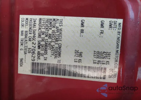 2016 Nissan Altima 2.5 Sl z USA, uszkodzony, nr VIN 1N4AL3AP4GC270629